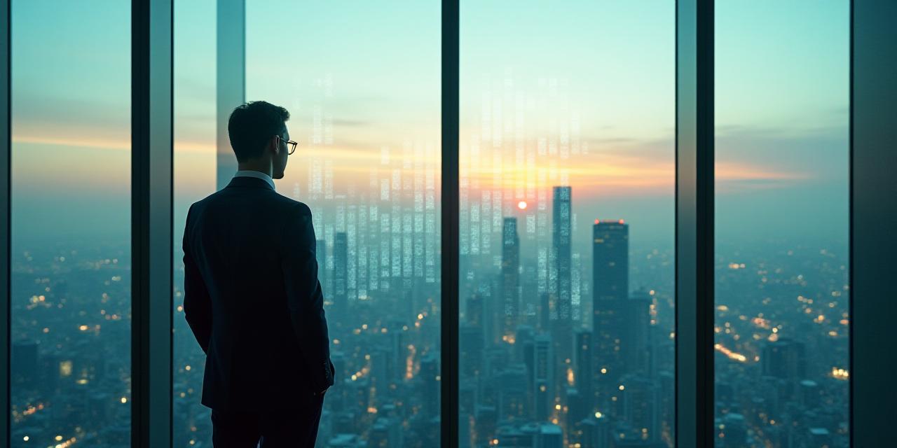 未来を展望するビジネスリーダーと都市の融合イメージ
